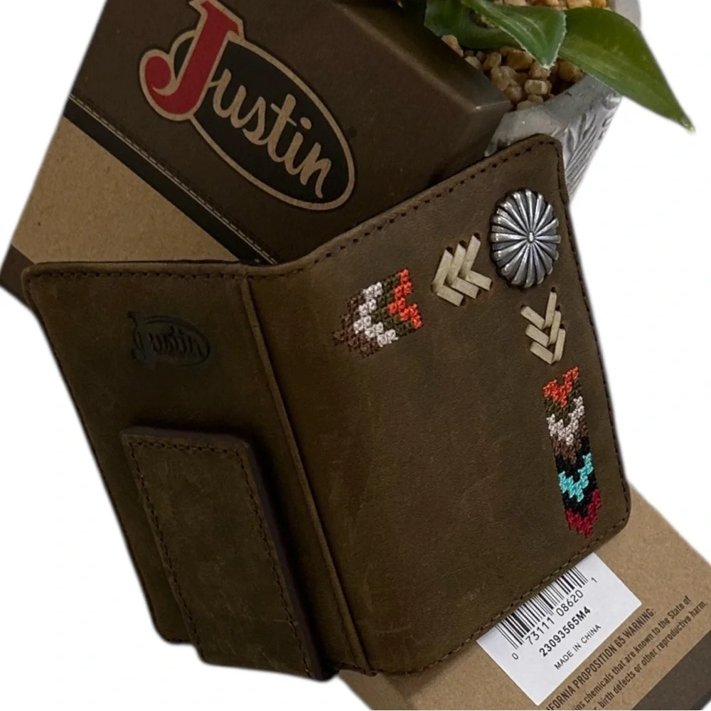 New Justin Boots Genuine Leather Card Wallet Tribal Western Colorful Embroidery